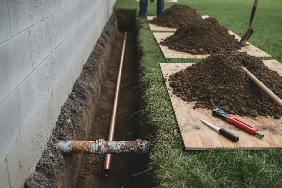 Excavated water line trench during Water Softener Installation in Dunstable